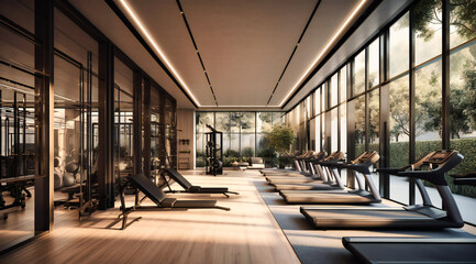 a gym with exercise machines and chairs