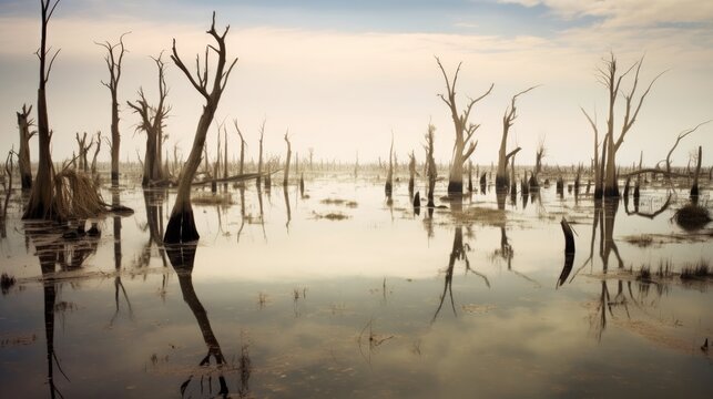 Ghost Forests: A haunting image of dead trees standing in a submerged landscape, symbolizing the encroachment of rising sea levels on coastal forests | generative ai