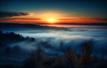Fototapeta premium sunrise over clouds above fog and fog