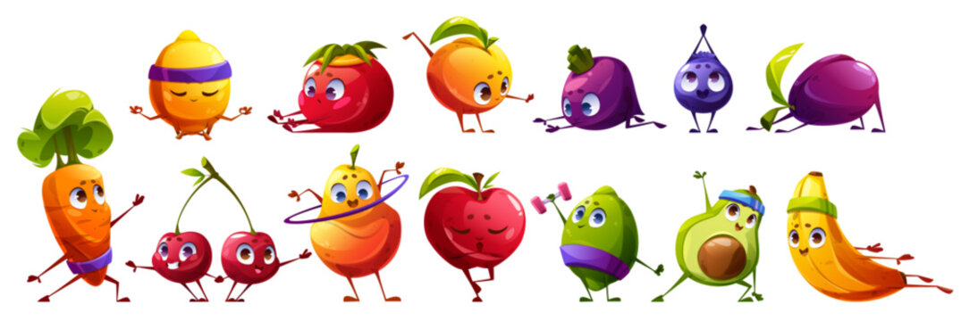 Cute fruit character exercise vector illustration. Funny food healthy yoga workout icon set. Strong lime, zen lemon, pilates berry and stretch beet isolated comic pose nutrition fitness clipart.