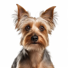 Yorkshire Terrier dog portrait isolated  in front of a white background, ai generative.