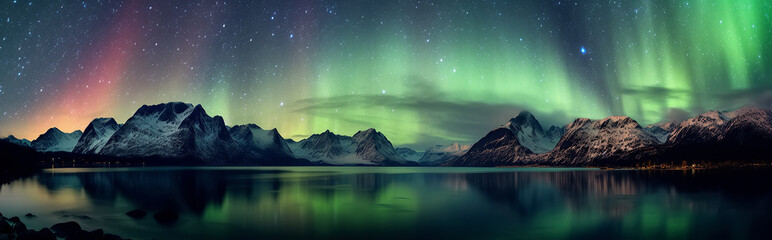 panorama with northern lights in night starry sky with stars over lake and mountains. Generative AI illustration - obrazy, fototapety, plakaty