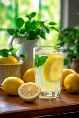 A glass of lemonade or mojito with lemon and mint against a rustic window. Summer refreshing drinks. AI generated.
