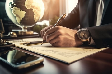 Close-up of businessman hand signing contract in office. Business concept, Generative Ai