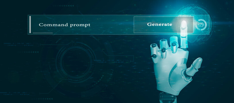Command prompt for generating something, Futuristic technology transformation, Hands robots touching on big data network connection Global Internet, Artificial Intelligence, technology background