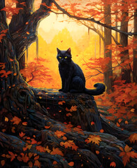 A black cat roams gracefully through the vast forest On an autumn evening, Generate AI