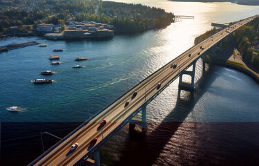 aerial view of car traffic on the bridge