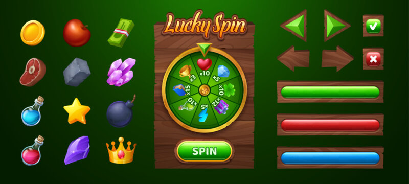 Spin roulette wheel game ui with button vector illustration. Casino fortune lottery interface with random prize. Raffle bonus with rpg props resources to win with chance. Wooden board gambling gaming
