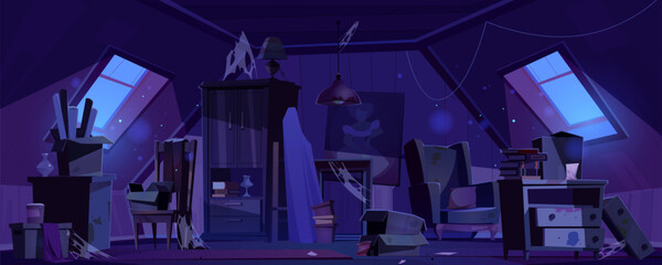 Old abandoned attic house room interior at night cartoon halloween background. Broken and scary garret inside with moonlight beam from window. Dirty home loft with dust, stains on armchair and drawers © klyaksun
