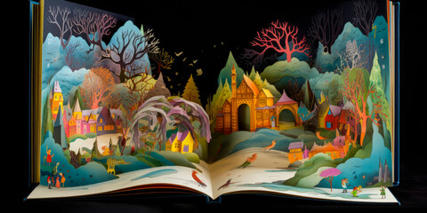 Enchanting open storybook with vivid, imaginative landscapes emerging from pages, evoking child's dream and wonder. Ideal for promoting storytelling & creative adventures. Generative AI