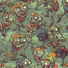 Seamless Pattern with Green Zombies. Generative AI.