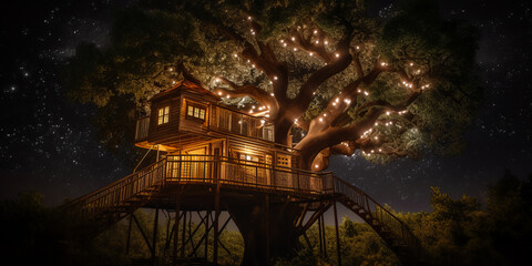 Enchanting treehouse nestled in lush, towering tree under captivating night sky with glowing lanterns and cozy interior, evoking magic and serenity for a child's dream hideaway. Generative AI