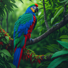 Colorful Parrot on Green Forest Background