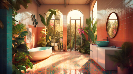 a bathroom with trees and palm trees