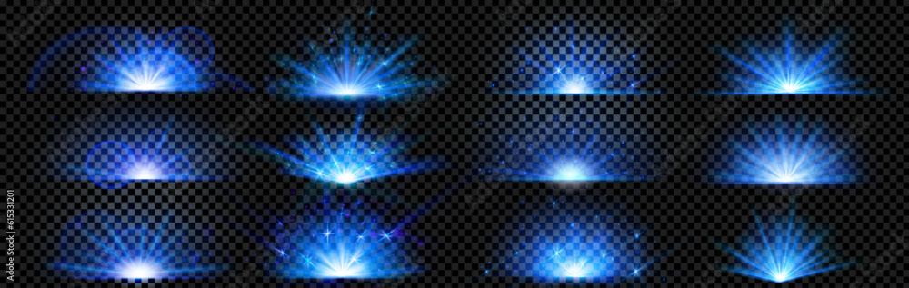 Aufkleber blue explode glow shine and light ray burst vector effect set isolated on transparent background. ma