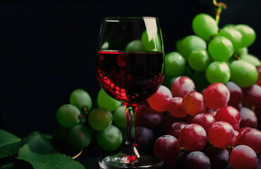 one glass of wine next to a bunch of grapes
