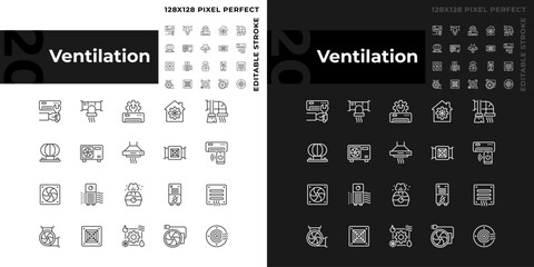 Ventilation linear icons set for dark, light mode. Air condition. Hvac system. Indoor air quality. Heating and cooling. Thin line symbols for night, day theme. Isolated illustrations. Editable stroke