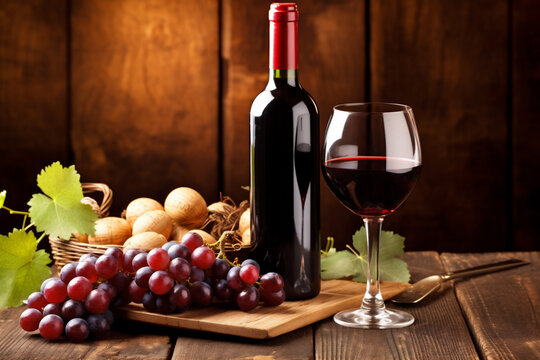 grape alcohol background beverage food drink winery glass bottle wine sunny. Generative AI.
