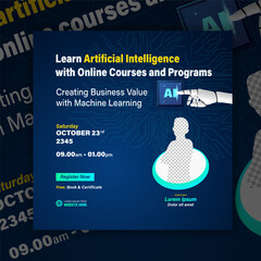 Business social media content artificial intelligence webinar template. Layout  poster online course university technology. Creative modern  banner, poster, flyer, background design  digital marketing