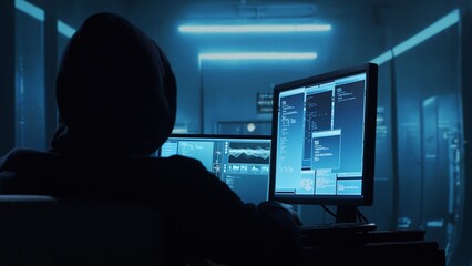 Computer Hacker in Hoodie. Obscured Dark Face. Concept of Hacker Attack, Virus Infected Software, Dark Web and Cyber Security.