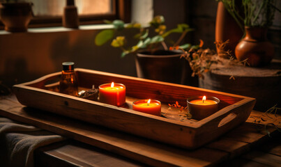 Fototapeta na wymiar a wooden wooden tray and candle on top of a wooden tub