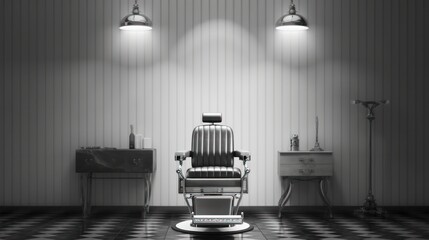 Barbershop armchair, modern hairdresser and hair salon, barber shop for men. Stylish vintage barber chair. Black and white.