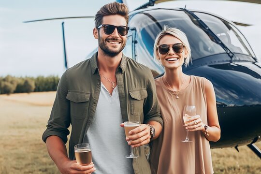 portrait Smiling couple walking outdoors holding a glass of wine. Caucasian man and woman with a drinks walking together with a helicopter in background