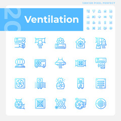 Ventilation gradient linear vector icons set. Air condition. Hvac system. Indoor air quality. Heating and cooling. Thin line contour symbol designs bundle. Isolated outline illustrations collection