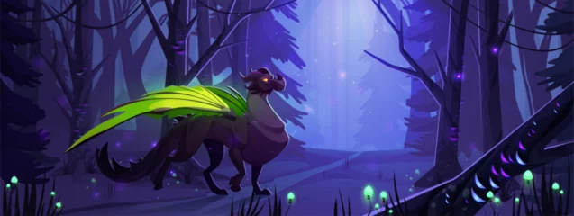 Rolgordijnen Fantasy dragon on path in magic forest background illustration. Halloween adventure game scene with spooky landscape cartoon wallpaper. beautiful night fairytale story with dark mythical character © klyaksun