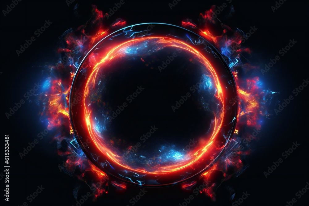 Wall mural 3d circle frame with red and blue fire trails with particles on black background generative ai