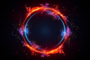 3d circle frame with red and blue fire trails with particles on black background Generative AI