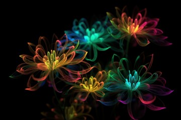 neon glowing flowers in colors on a black background. Bright abstract background perfect for any design. Generative AI