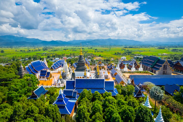 Top-view aerial photo from the drone of Wat Ban Den temple or Wat Den Sa Lee Sri Muang Gan at...