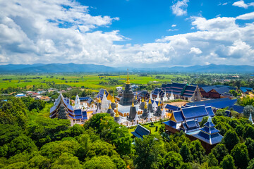 Top-view aerial photo from the drone of Wat Ban Den temple or Wat Den Sa Lee Sri Muang Gan at...