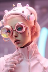Pink-tinged future: spunky woman in goggles masks up with favorite accesory, dolling herself up as innovative toy-like persona in crisp jacket