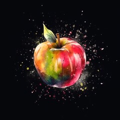 Fresh Organic Apple Fruit On Dark Background, Square Watercolor Illustration. Healthy Vegetarian Diet. Ai Generated Bright Watercolor Illustration with Delicious Juicy Apple Fruit.