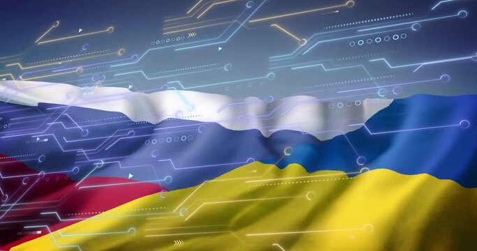 Animation of circuit board and data processing over flag of russia and ukraine - Powered by Adobe