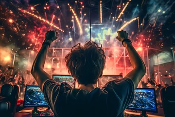 rear view Professional eSports gamer rejoicing victory and computer gaming room background