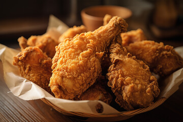 fried chicken pieces in batter on parchment in a basket, close-up