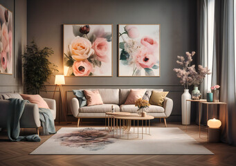 a living room is decorated with pink flower pots and some pink flowers