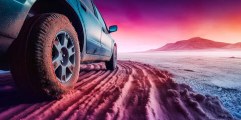 Fototapeta na wymiar Stunning 4x4 tires on snowy terrain, capturing the spirit of cold-weather adventure, exploration, and tire quality under colorful sunset light – emotionally impactful. Generative AI