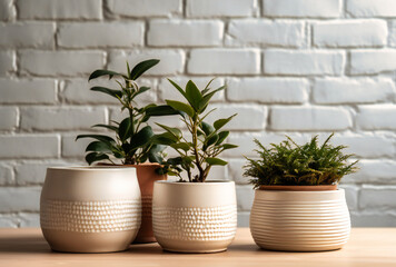 three potted plants on a table near a white brick wall