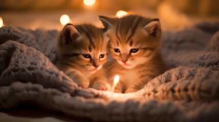 Cute kittens on a blanket on bed at night. Generative AI