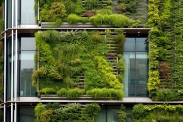 Green facade, vertical garden in architecture. Ecological building. Generative AI