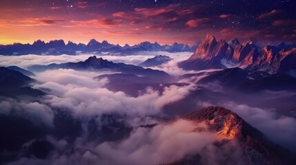 Landscape with alpine mountain valley and starry sky, Dolomites, Italy. Generative AI