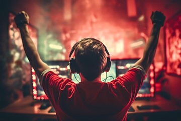 rear view Professional eSports gamer rejoicing victory and computer gaming room background