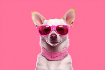 Adorable and amusing chihuahua dog sporting stylish sunglasses against a vibrant pink backdrop, radiating charm and playfulness in this delightful scene. Ai generated