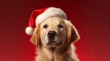 Generative AI. The concept of a Christmas miracle. A charming golden retriever puppy with a Santa hat on a red minimalist background. Front view.