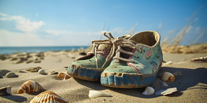 Captivating image of well-worn shoes abandoned on a beach, stirring emotions of youth's fleeting nature and longing for the past. Perfect for evoking nostalgia. Generative AI