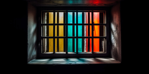 Captivating image of a small, colorfully glazed cell window with intriguing bars in a prison setting, evoking mystery and curiosity. Generative AI